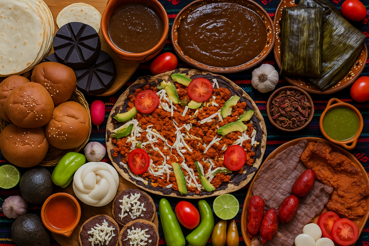 Traditional Oaxacan dishes on a colorful table