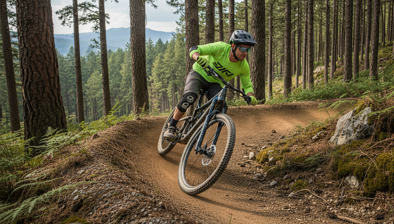 Rider in a low ready position looking through a bermed turn on a pine forest trail in the Sierra Norte