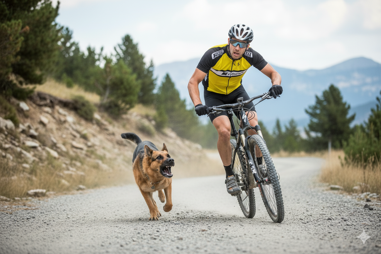 Two village dogs near a dirt road trailhead in Oaxaca as a mountain biker rolls by calmly
