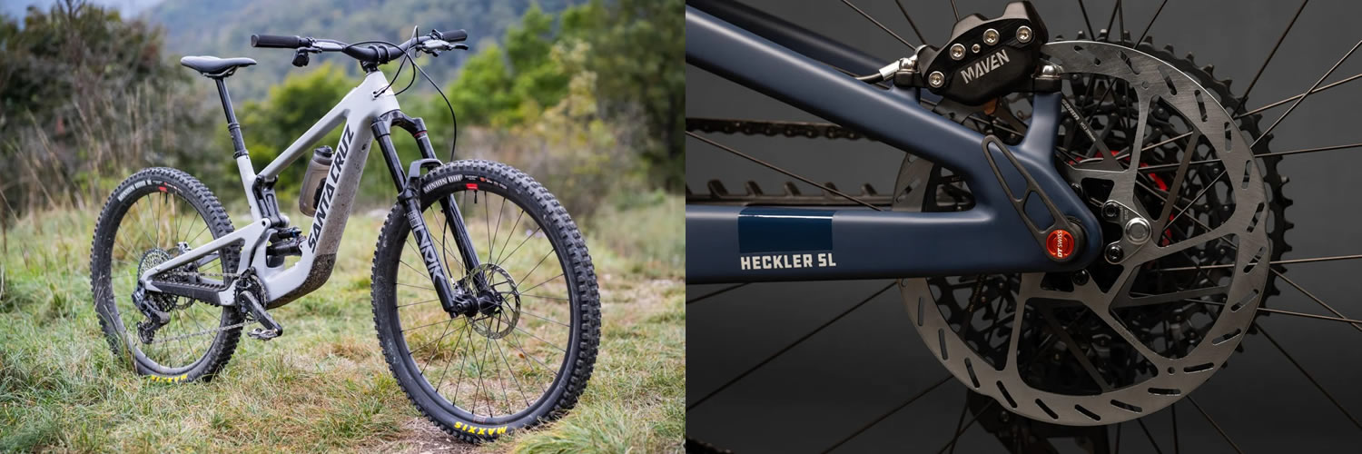 The Santa Cruz Heckler SL XX AXS RSV launching off a rocky drop in limestone canyons, its Reserve wheels spinning against a backdrop of dramatic red cliffs.