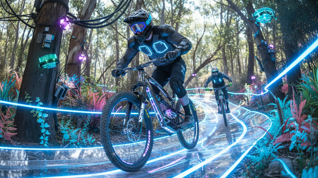 A sleek high tech mountain bike navigating a dusty trail in Oaxacas Sierra Madre mountains under a vibrant sunset.