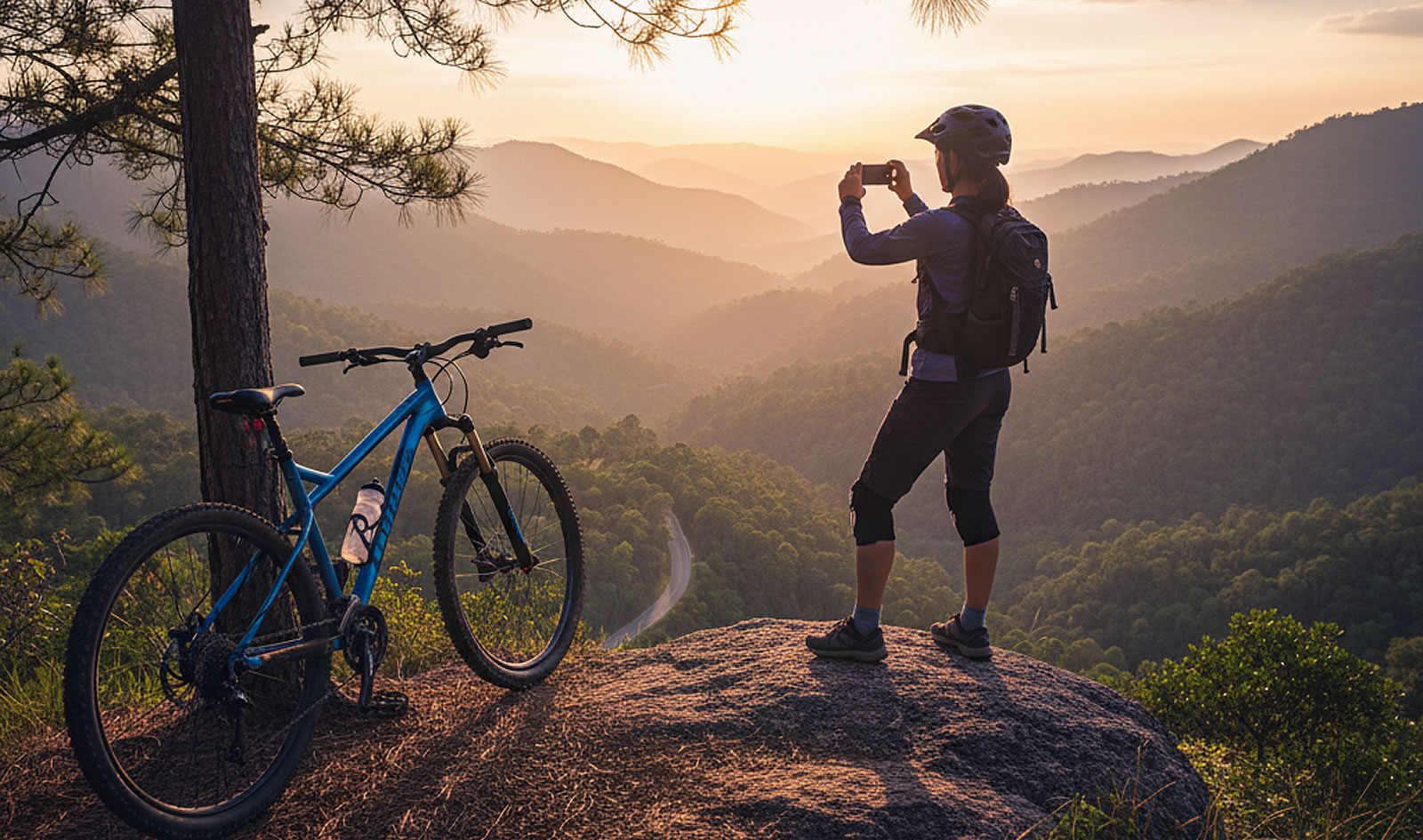 Suggested hero: a mountain biker pausing to photograph sunrise over the Sierra Norte with a smartphone