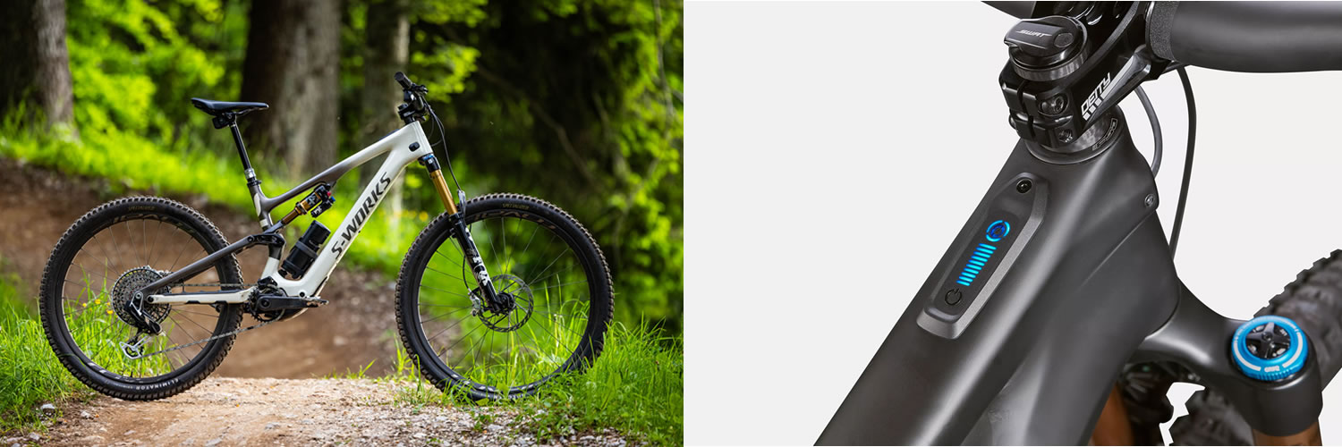 The Specialized S-Works Turbo Levo SL gliding effortlessly up a steep, root-covered trail in misty highlands, its carbon frame gleaming under dappled sunlight.