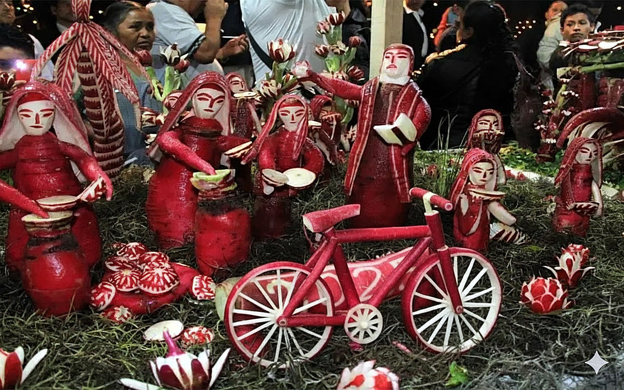 A carved radish sculpture glowing under lights in Oaxaca’s Zócalo during the Noche de Rábanos festival.